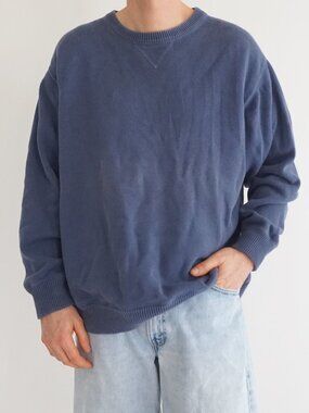 Vintage Eddie Bauer Blue Solid Crewneck Cotton Knit Sweater Pullover Minimal XXL